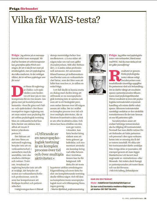 Replik från SNPF på ”Vilka får WAIS-testa?” i Psykologtidningen nr 1 2023